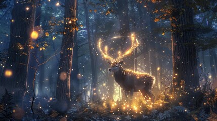Luminous deer in a mystical forest