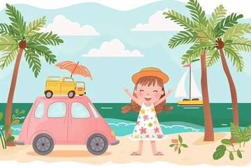 Vector of Happy child girl goes to summer travel trip with the car.