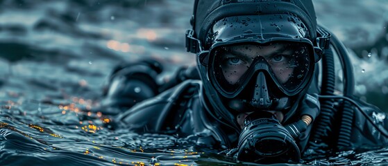 A Navy SEAL in full diving gear emerging from the water, close up, stealth theme, realistic, Overlay, a nighttime shoreline as backdrop