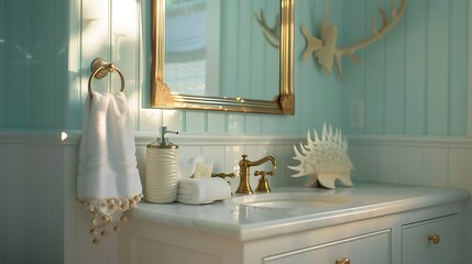 The soft pastel color on this bathroom vanity brings a touch of modern beach house interior design...