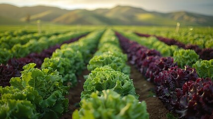 A field of vibrant red and green lettuce growing in neat rows.