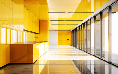Sleek Yellow Office Kitchen Interior. Minimalist Office Kitchen Desig. Chic Yellow Corporate Kitchen Space