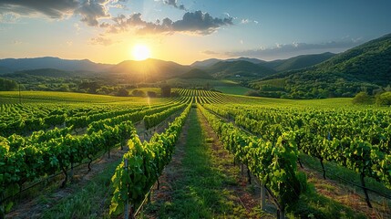 Fototapeta premium A picturesque vineyard with rows of grapevines stretching into the distance.