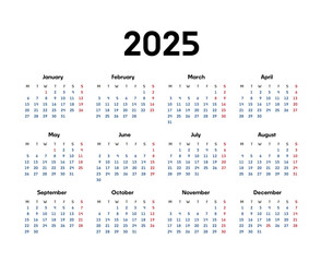 2025 year calendar starting with Mondays, featuring a geometric and simple design