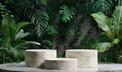 Background podium 3D green product nature jungle platform plant stand garden leaf scene studio. Green background podium product platform