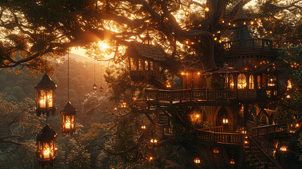 A candlelit dinner in a treehouse, with lanterns hanging from the branches and a view of the forest canopy.