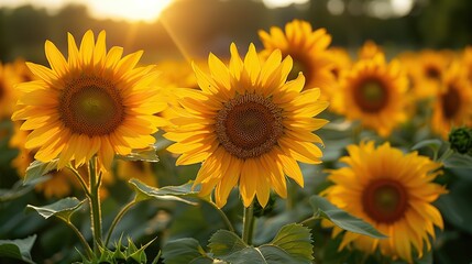Fototapeta premium A field of bright yellow sunflowers reaching for the sun.