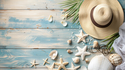 Composition with beach items on wooden background - Powered by Adobe