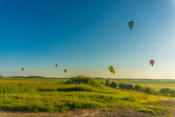 hot air balloons over rural landscape