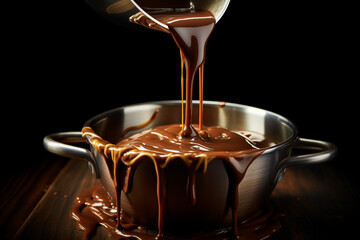 whisking dripping melted chocolate sauce in a bowl on a dark background
