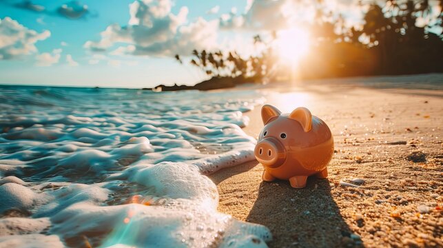 Piggy bank on a beach symbolizing savings and vacations
