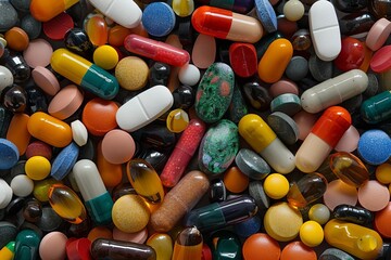 Pills and tablets in various colors and shapes