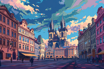 Czech Charm - Old Town Square Illustration - Powered by Adobe