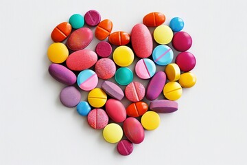 Obraz premium Pills arranged in a heart shape on a white background