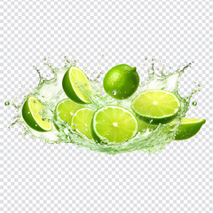 Lime with water splash isolated on transparent background,