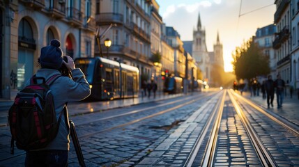 Photographer taking photo on street with tram rails and Saint Andre Cathedral in Bordeaux, France 