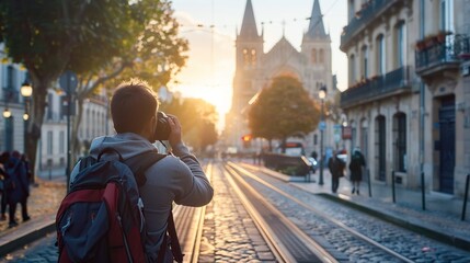 Photographer taking photo on street with tram rails and Saint Andre Cathedral in Bordeaux, France  - Powered by Adobe