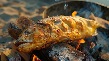 Roasted fish by the water