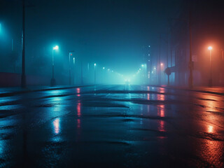 Wet Asphalt with Neon Light Reflections and Smoke, Abstract Light in Dark Empty Street at Night Scene.