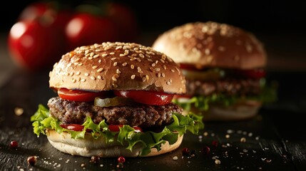 Professional food photography. Photo burger on a dark background  