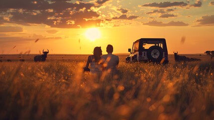 Fototapeta premium couple sitting on the floor Grass and a jeep in the grass field with wild animals in the background, the sunset