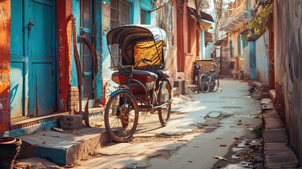 Rickshaw on old Indian town street, local atmosphere, Asian culture and travel concept - 