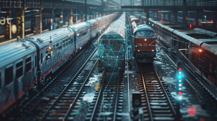 Generate a scene of a train yard with IoT sensors monitoring the condition of rail tracks and rolling stock, using a sleek industrial aesthetic. 