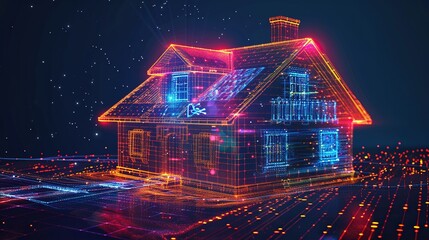 A digital rendering of a house in red and blue. The house has many small lights on the surface and is sitting on a circuit board.