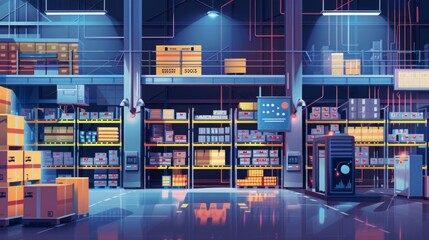 Generate an illustration of an IoT-enabled smart warehouse, showcasing automated systems and real-time tracking of goods with digital displays --ar 16:9 --s
