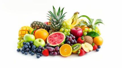 A variety of fruits are arranged together on a white background.