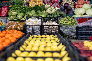 Fresh vegetables in the container at the market.