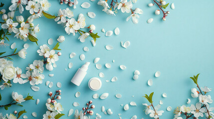 Composition with cosmetics and spring flowers on color