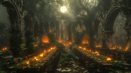 A candlelit dinner in a forgotten ruins, with ivy-covered walls and the moon peeking through the crumbling arches.
