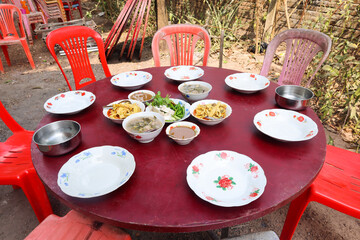 Burmese curry food set and other menus on the table ready to eat. Myanmar food.