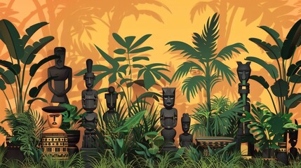 A group of statues are displayed in a jungle setting