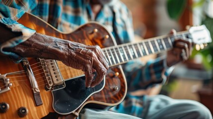 Timeless Music: Senior Playing Guitar with Personal Expression in Close-up
