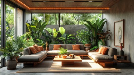 Fototapeta premium eco-conscious living room featuring wooden furniture, potted plants sustainable stylish interior design