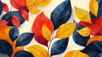 Abstract botanical patterns with leaves and vines, bold colors and geometric shapes, artistic and modern