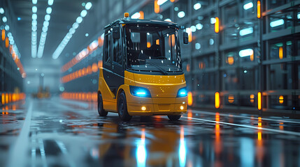 Forklift doing storage in warehouse by artificial intelligence automation. Robotics applied to...