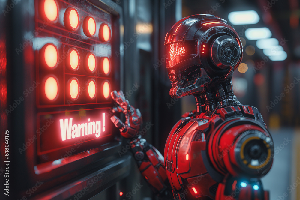 Poster a robot is pressing a button that says warning on it
