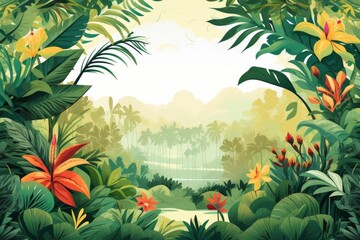 tropical plants flat design front view rainforest theme water color vivid