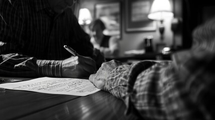 A high-contrast black and white photo of a person signing a loan agreement with a stern-looking bank officer in the background.