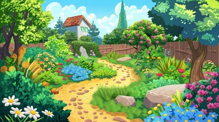A cartoon drawing of a garden with a house and a fence