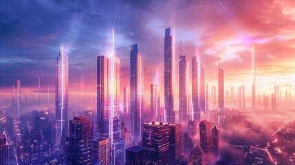 Futuristic City Skyline with Tall Skyscrapers at Sunset