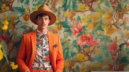 Young man with mustache wearing a straw hat, colorful shirt and orange suit standing near old school floral wallpaper