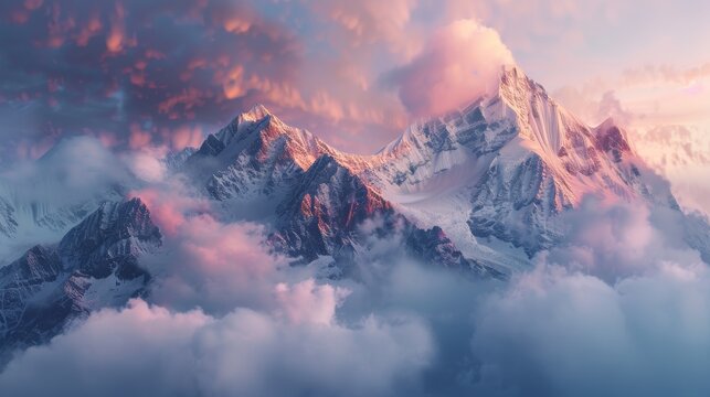 A panoramic image of a majestic mountain range bathed in the soft hues of a pastel sunrise, with clouds gently drifting across the peaks.