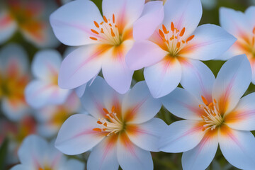 Close-up of delicate pink flowers with yellow stamens, soft focus light blue background, vibrant colors, detailed flower anatomy,