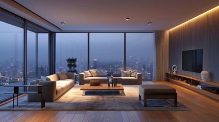 Modern Luxury Living Room with City Skyline View at Twilight