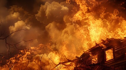 A photorealistic close-up of a raging inferno, with flames engulfing a wooden structure and smoke billowing into the sky.