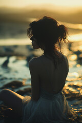 Fototapeta premium A woman is sitting on the beach, wearing a white dress. Lonely Sadness, Chasing love, the feelings dream of to fill the void of loneliness.